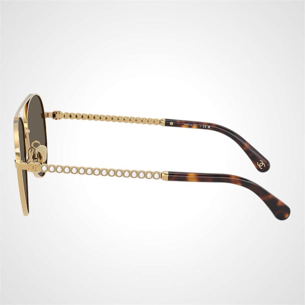New CHANEL Sunglasses Gold Brown Metal Aviator Pilot White Pearl Arms Authentic - Picture 3 of 7